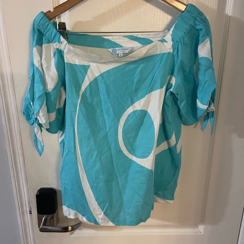 Escapada Turquoise and White Off-Shoulder Blouse